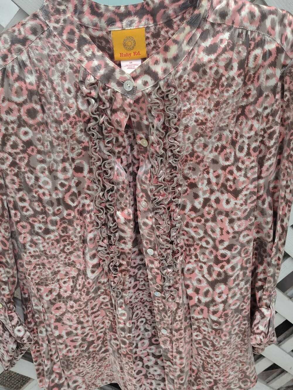 Ruby Rd. Pink and Taupe Animal-Print Ruffle Front Blouse